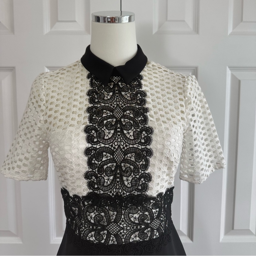 Zara As Seen on TV Black White Lace Crochet Cutout Sheath Dress Mock Neck Size S - Picture 3 of 13
